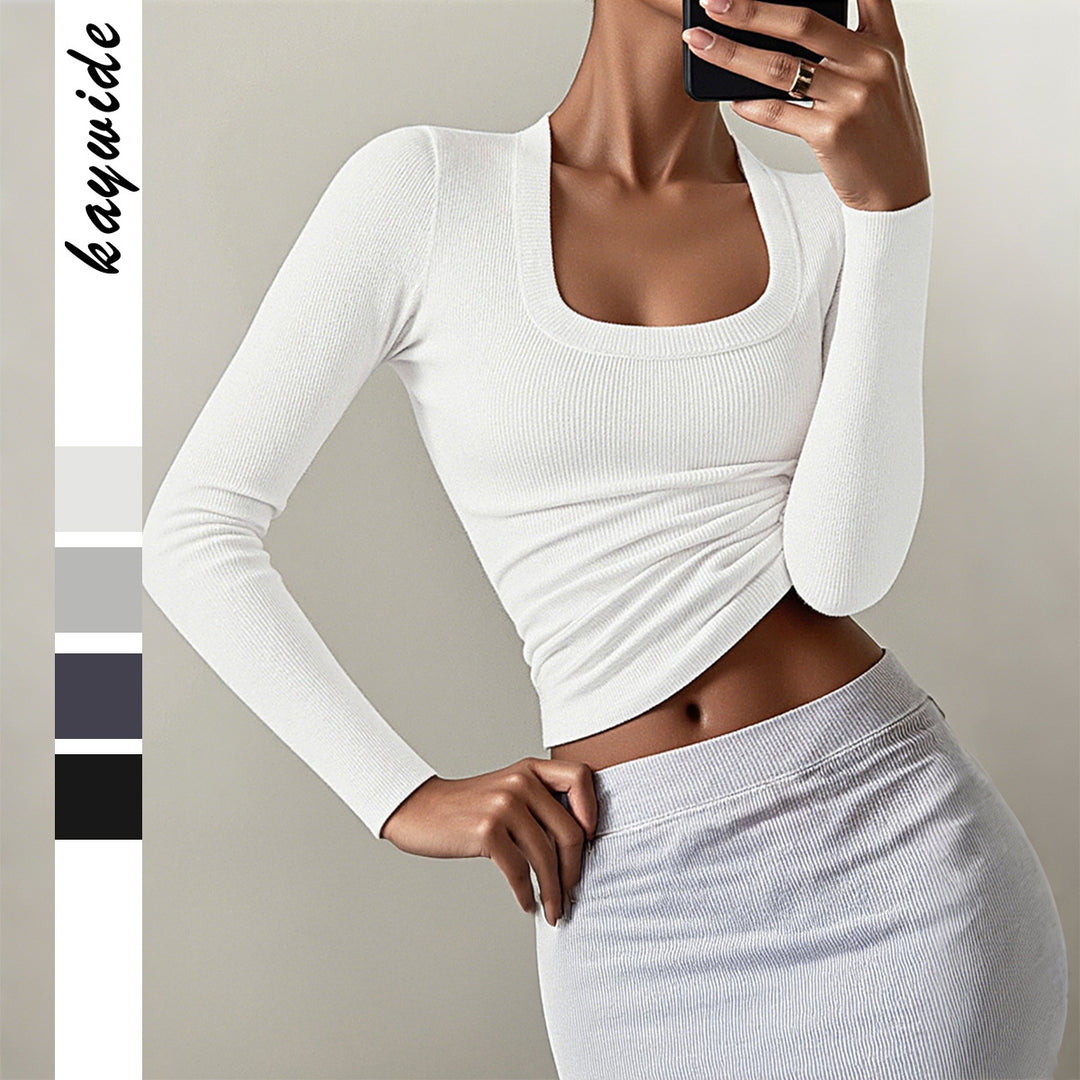 Damen nan figurbetontes Rippstrick-Longsleeve mit tiefem Quadrat-Ausschnitt Drune