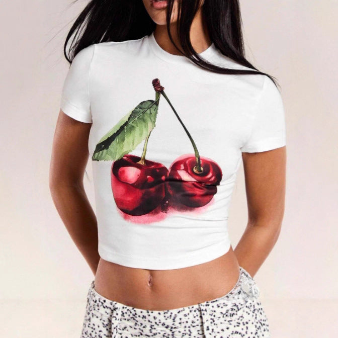 Damen Crop-T-Shirt mit fruchtigem Kirschmotiv und figurbetontem Schnitt Drune