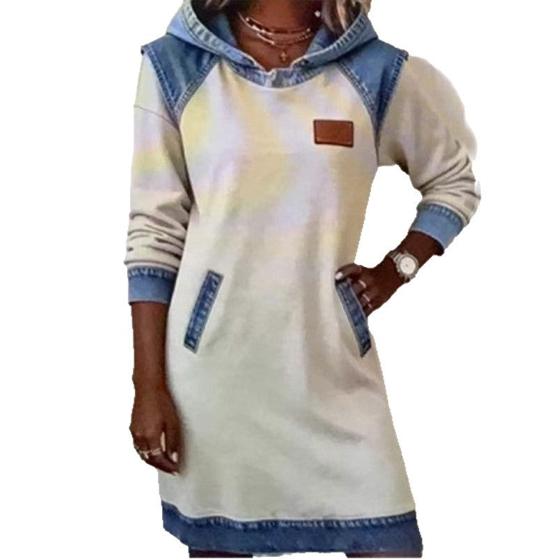 Damen nan Kapuzen-Sweatkleid mit Jeans-Applikationen, Kängurutaschen und lässigem Schnitt Drune
