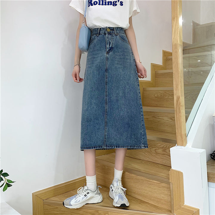 Damen Langer Jeansrock mit hohem Schnitt und dekorativen Nähten Drune