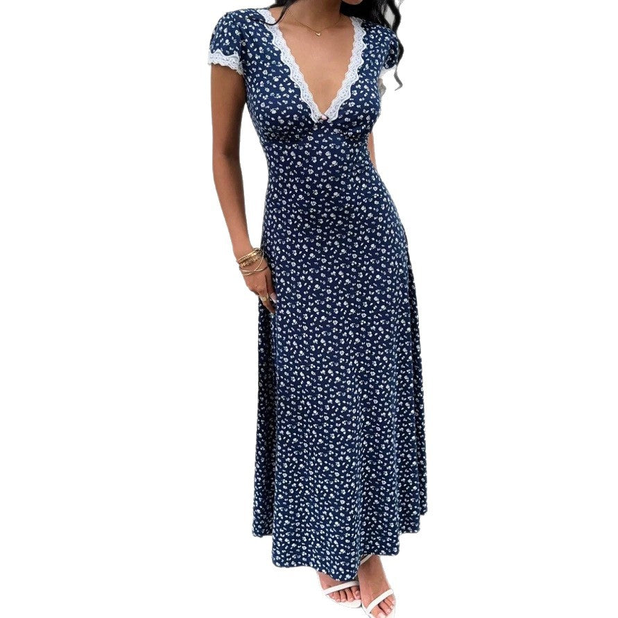 Damen Maxikleid mit floralem Muster und elegantem Spitzenbesatz Drune