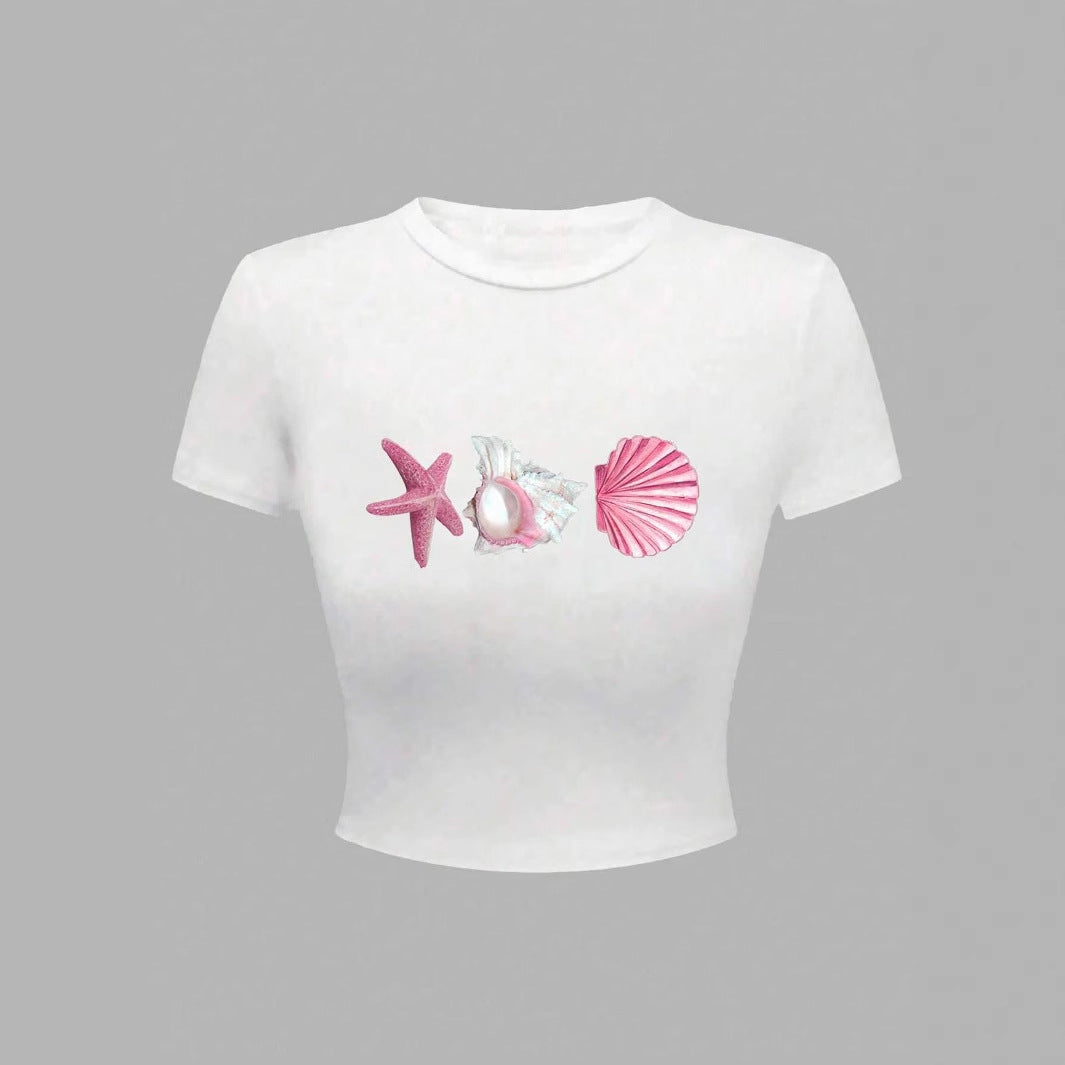 Damen Crop-T-Shirt mit maritimen Aufdrucken Drune