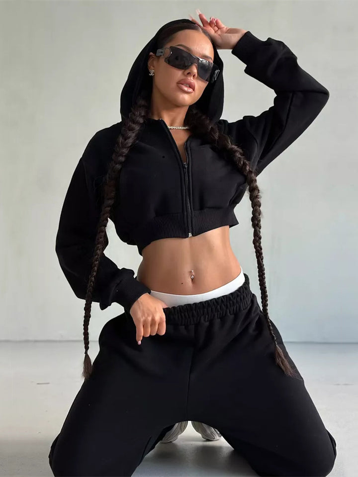 Damen sportliches Cropped Oberteil und weite Freizeithosen Set Drune