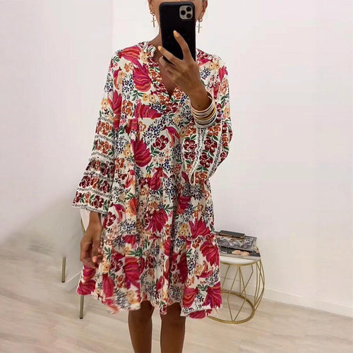 Damen nan florales Volant-Minikleid im Boho‑Stil mit V‑Ausschnitt und stufiger Silhouette Drune