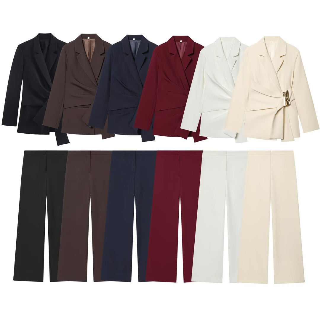 Damen Zweiteiliges Wickelblazer- und Palazzo-Anzugset mit Ziergürtel Drune
