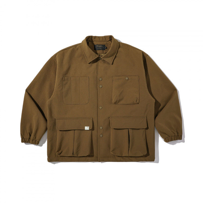 Unisex Kastenförmige Utility-Hemdjacke mit Mehrfach-Pattentaschen und Druckknopfverschluss Drune