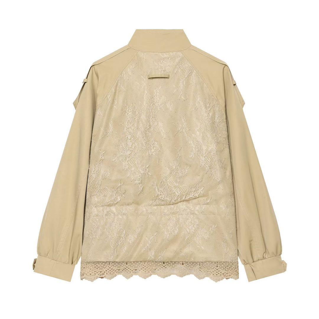 Damen leichte Fieldjacke mit Tunnelzug, Stehkragen, Epauletten und Spitzenbesatz Drune