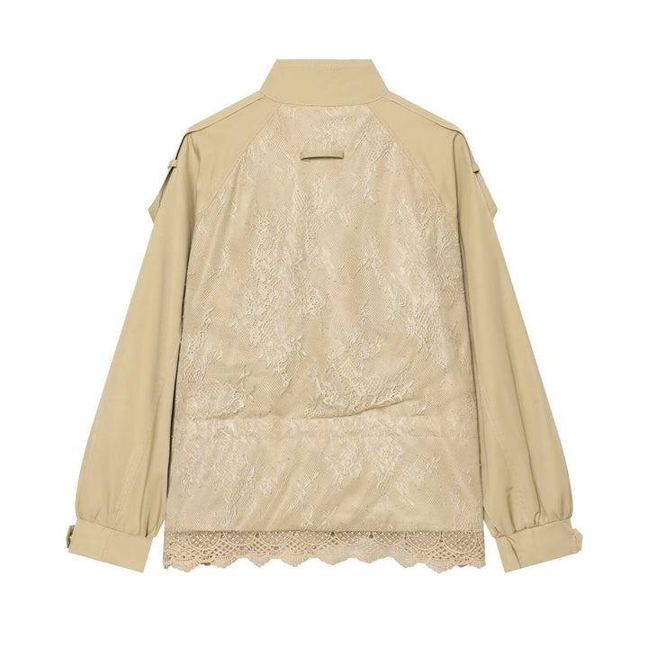 Damen leichte Fieldjacke mit Tunnelzug, Stehkragen, Epauletten und Spitzenbesatz Drune