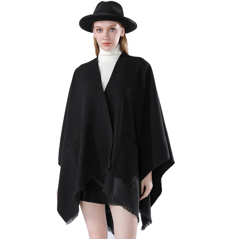 Damen Oversize-Capeponcho aus Wollmix mit Kapuze und Eingrifftaschen Drune