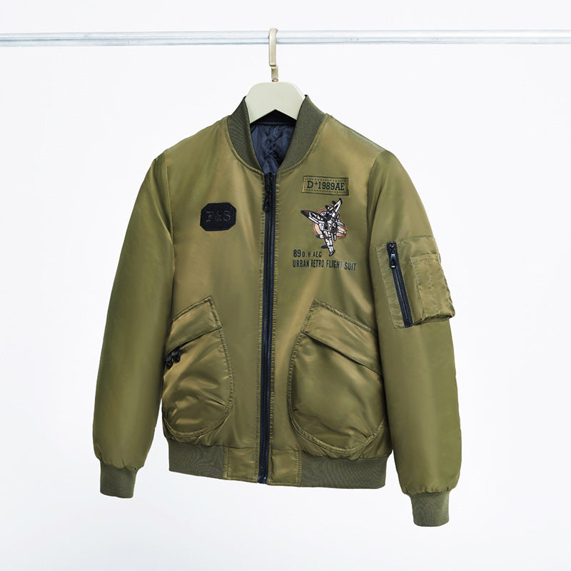 Men's  padded pilot-style bomber jacket with embroidered jet motif and dual angled front cargo pockets Drune