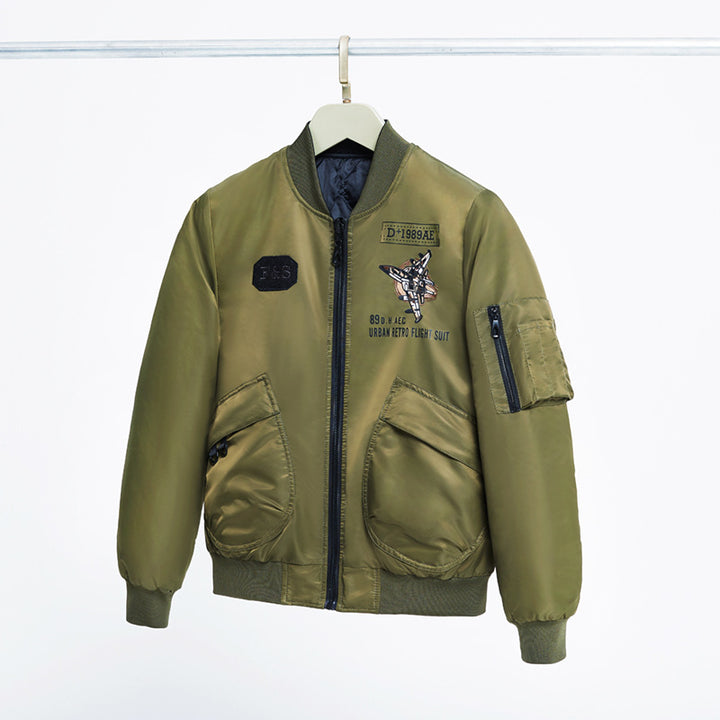 Men's  padded pilot-style bomber jacket with embroidered jet motif and dual angled front cargo pockets Drune