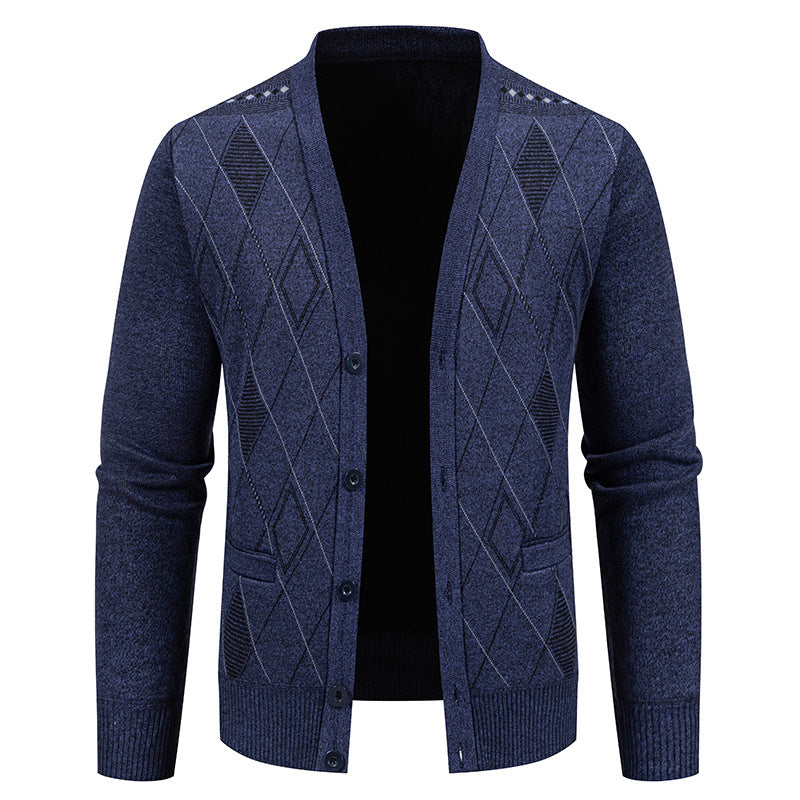 Herren Feinstrick-Cardigan mit Rautenmuster, Knopfleiste und Eingrifftaschen Drune