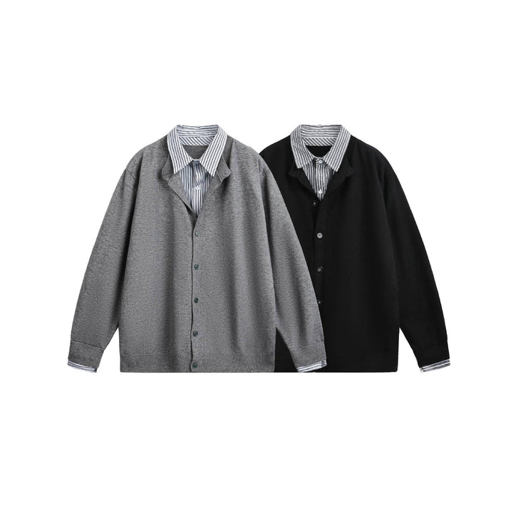 Unisex Lagenlook Strickcardigan mit eingearbeitetem Hemdkragen und Knopfleiste Drune