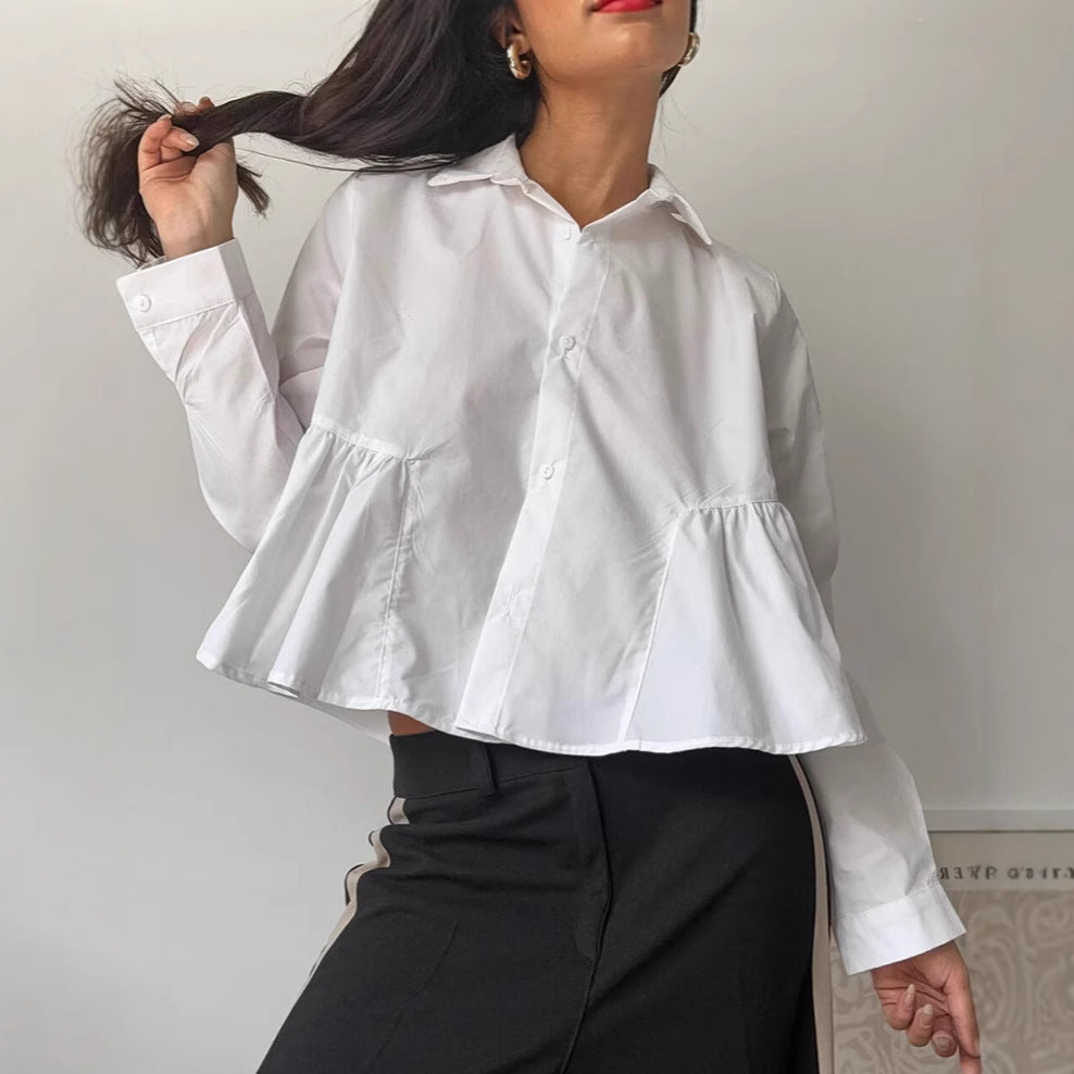Damen Modische Kurzbluse mit voluminösen Rüschendetails und eleganten Knopfverschluss Drune