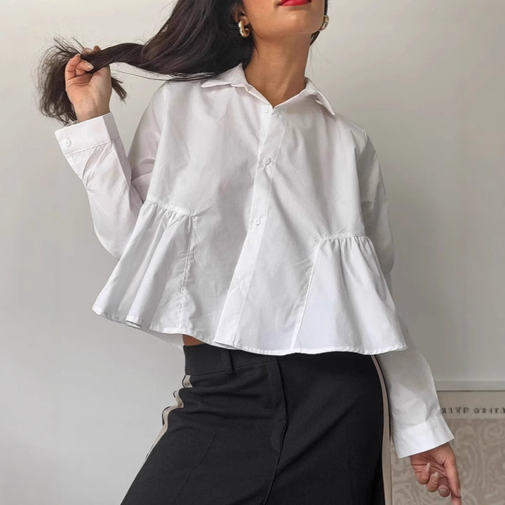 Damen Modische Kurzbluse mit voluminösen Rüschendetails und eleganten Knopfverschluss Drune