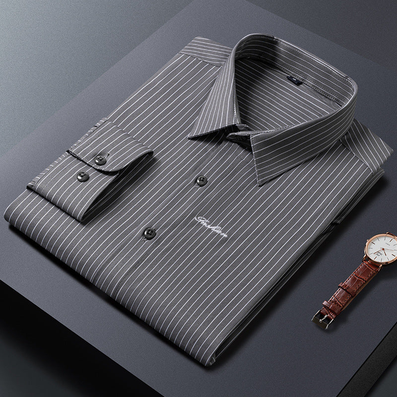 Herren Klassisches gestreiftes Business‑Hemd aus Baumwollmix mit Kentkragen und Brustlogo Drune