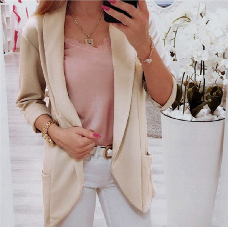 Damen Leichter Offener Cardigan-Blazer, dreiviertelärmelig mit Eingrifftaschen Drune