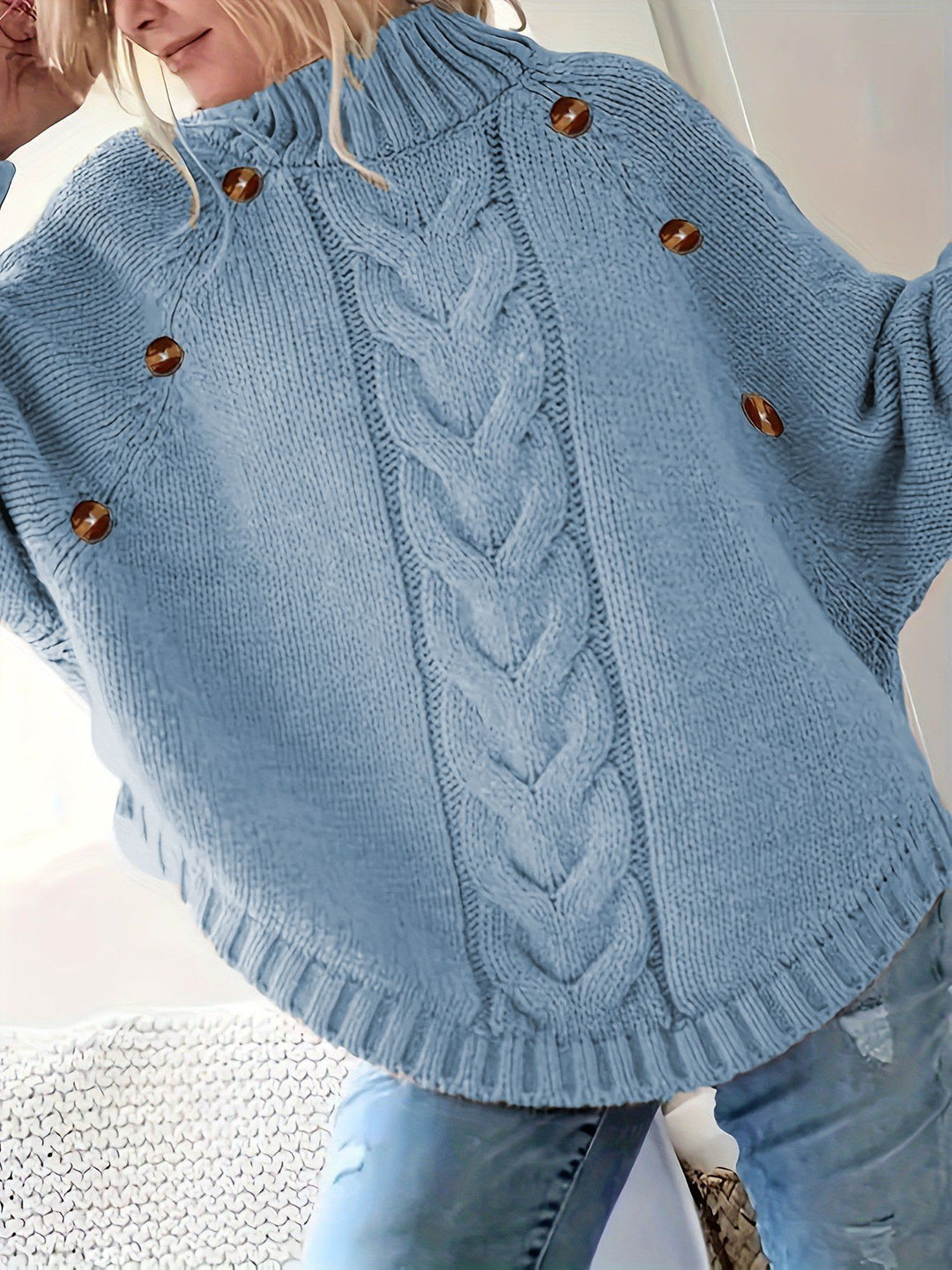 Damen Grober Strickpullover mit hoher Kragenpartie und Knopfdetails Drune