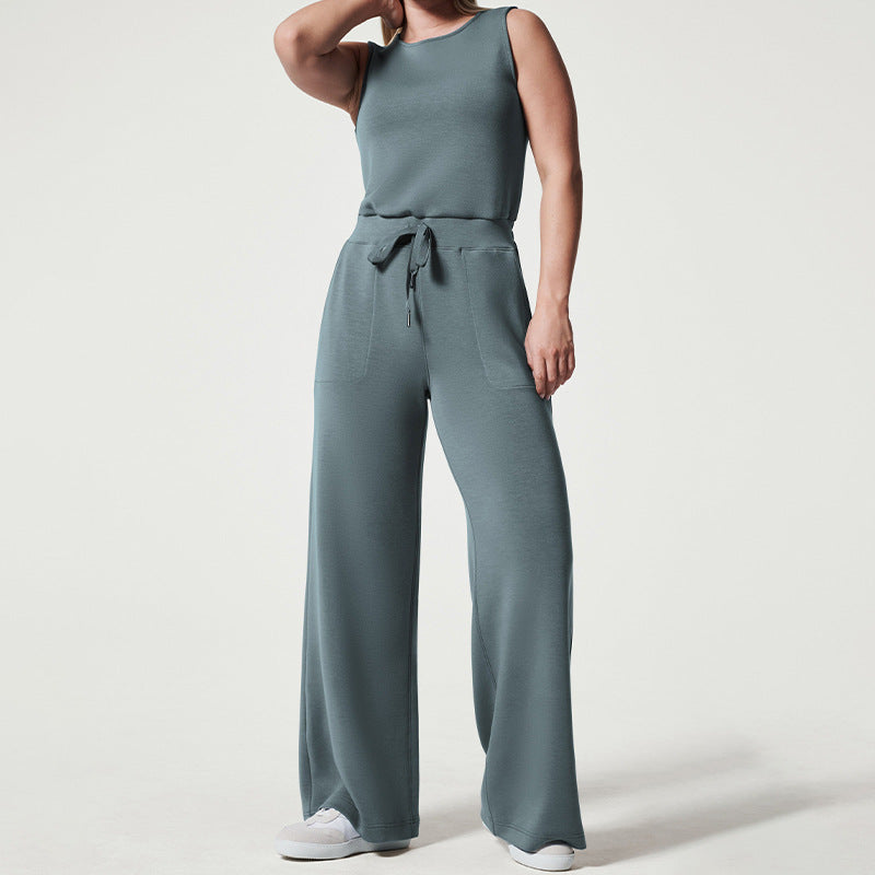 Damen nan ärmelloser Strick-Overall mit weitem Palazzo-Bein, Kordelbund und aufgesetzten Taschen Drune
