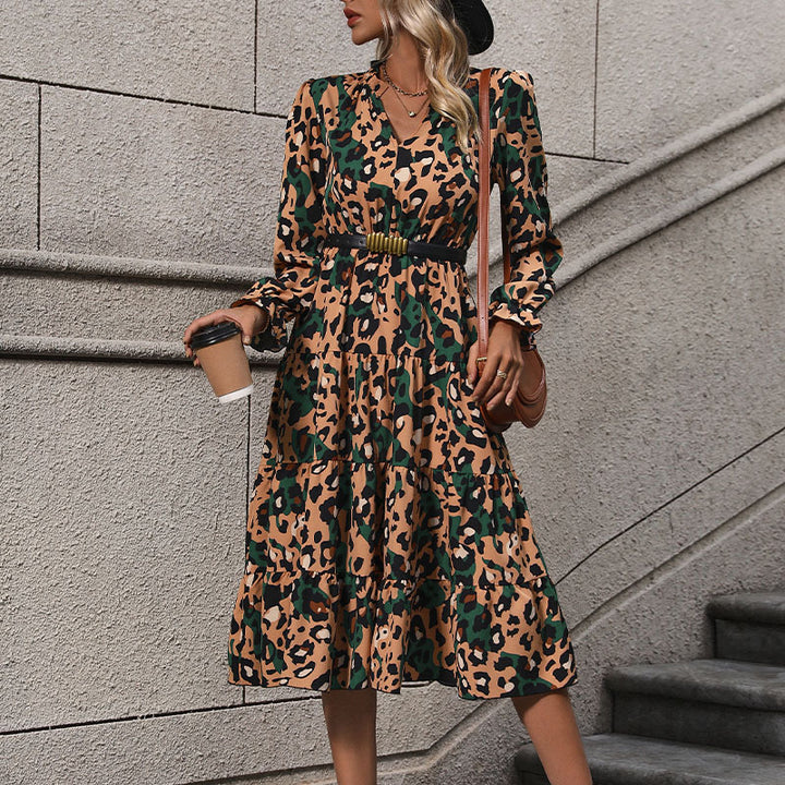 Damen Wickel-Midikleid mit Leopardenmuster, Stufenrock und elastischer Taillenpassform Drune