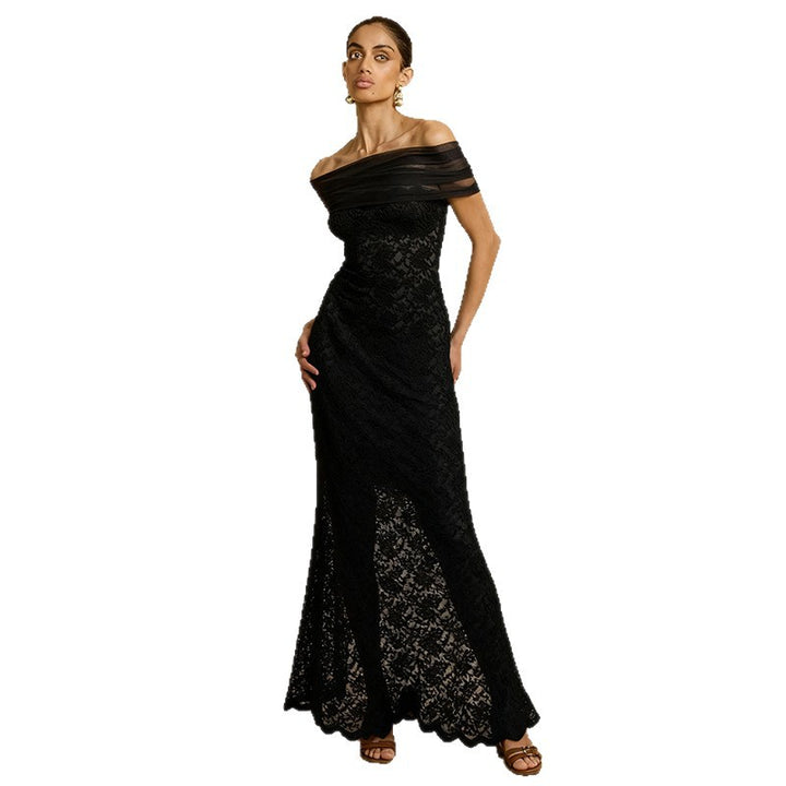 Damen Elegantes Spitzenabendkleid mit schulterfreiem Design und raffiniertem Schlitz Drune