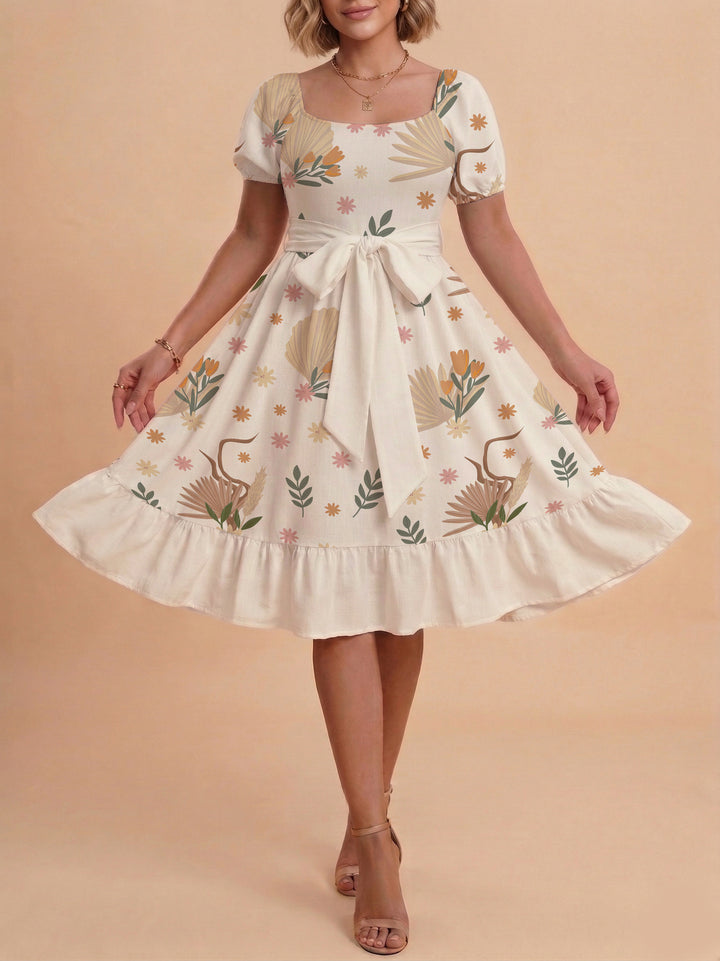 Damen Sommerliches Blumenkleid mit taillierbarem Gürtel und voluminösen Ärmeln Drune