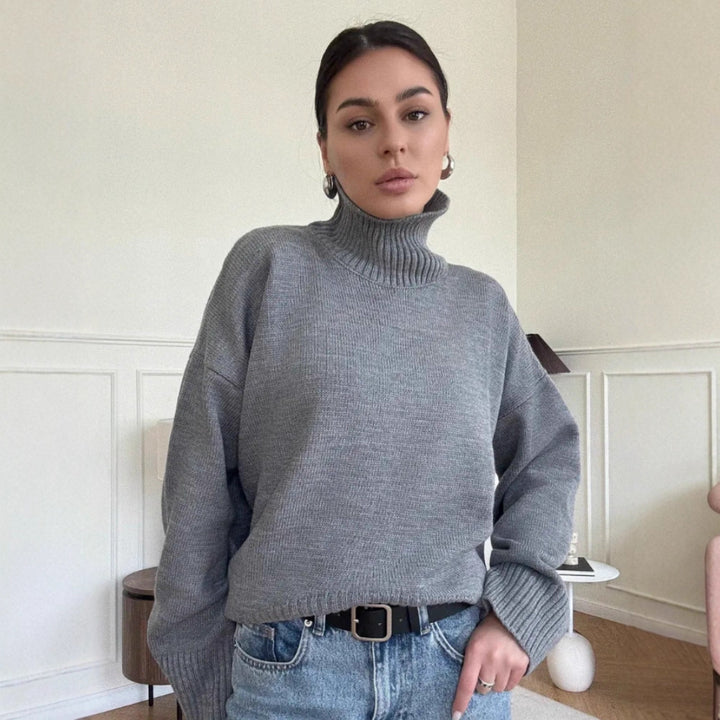 Damen Modischer Oversized Pullover mit hohem Kragen Drune