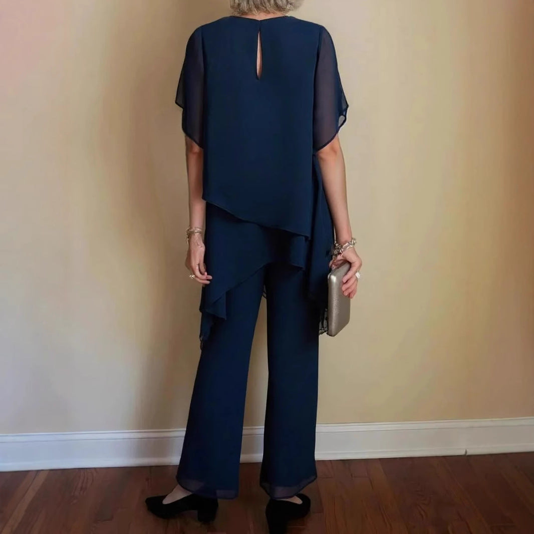 Damen elegantes Ensemble aus fließendem Oberteil und weitem Hose Drune