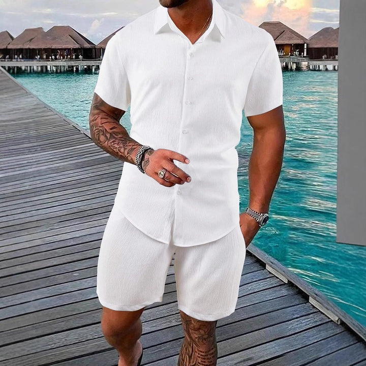 Herren lässiges Shorts-Set mit knöpfbarem Oberteil und elastischem Bund Drune