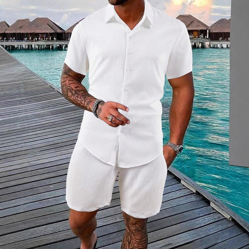 Herren lässiges Shorts-Set mit knöpfbarem Oberteil und elastischem Bund Drune