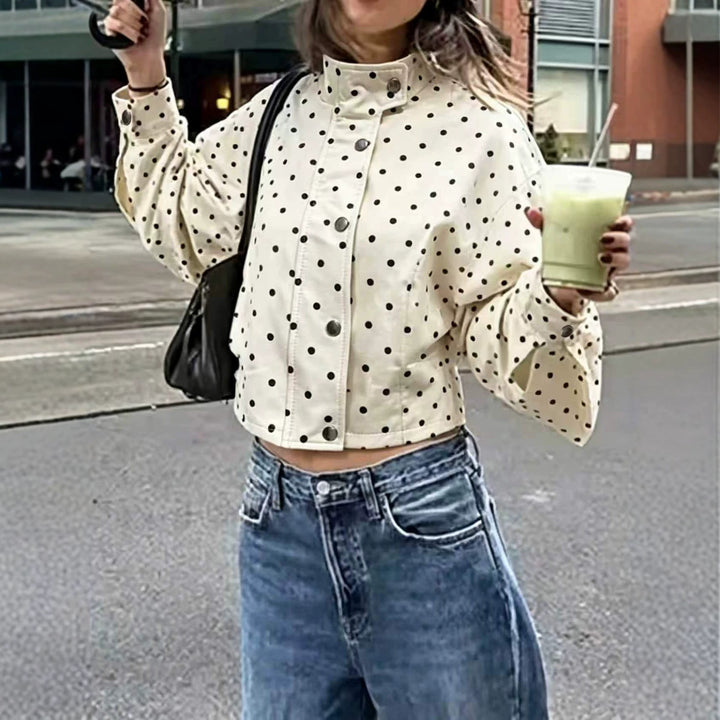 Damen Gepunktete Cropped-Jacke mit Stehkragen, Ballonärmeln und Druckknöpfen Drune