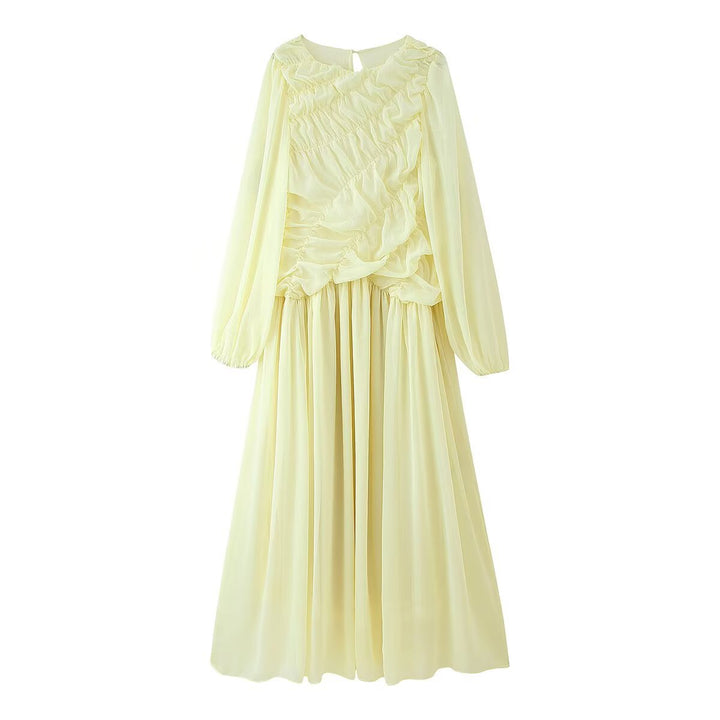 Damen 200+ langes Maxikleid mit Rüschenfront, Chiffon‑Lagen und Plissiertem Rock Drune