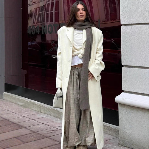 Damen Longline-Wollmantel mit minimalistischer Knopfleiste, strukturierter Schulter und klassischem Reverskragen Drune
