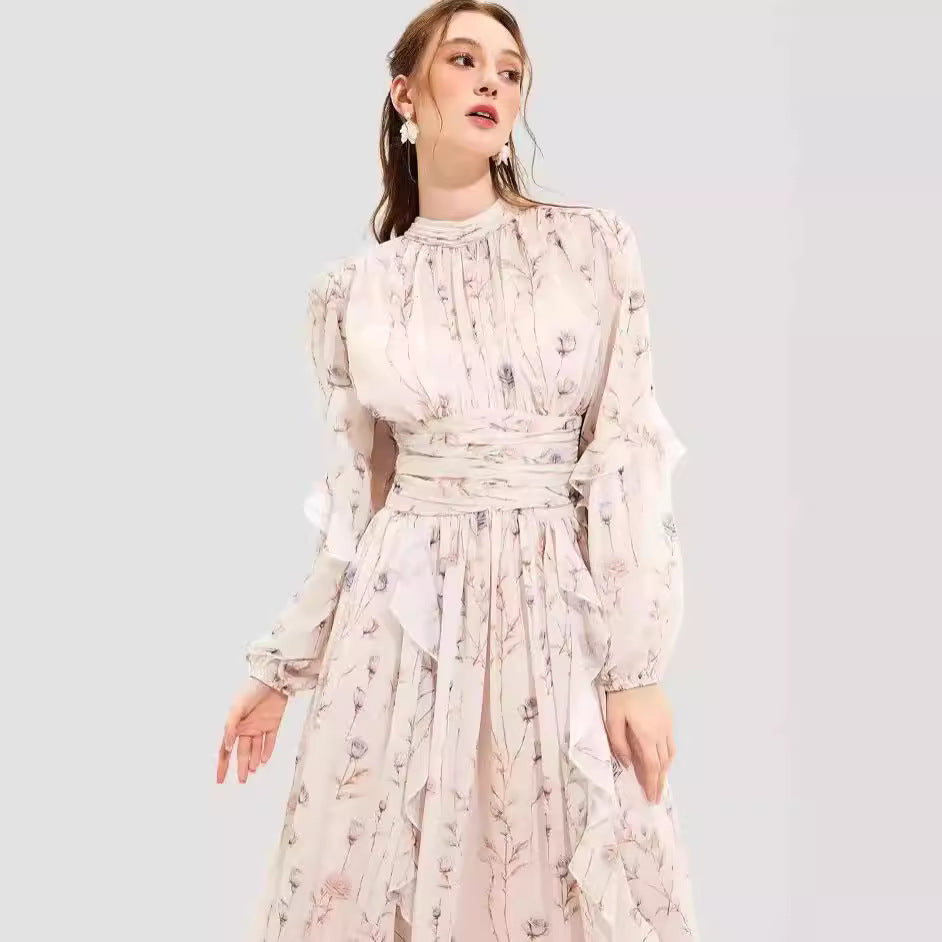 Damen Midi-Kleid mit floralen Stickereien und elegantem Rüschensaum Drune