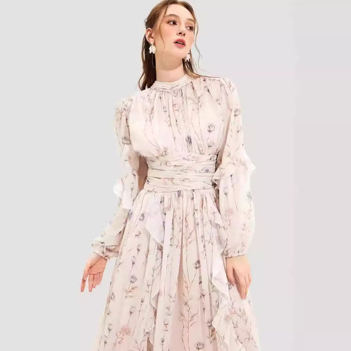 Damen Maxikleid mit floralen Rüschen und Halsbündchen Drune