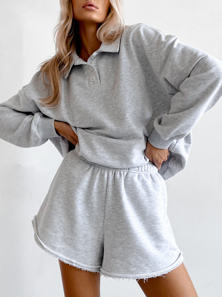 Damen Polo-Sweatshirt und fransige High-Waist Lounge-Shorts Set Drune