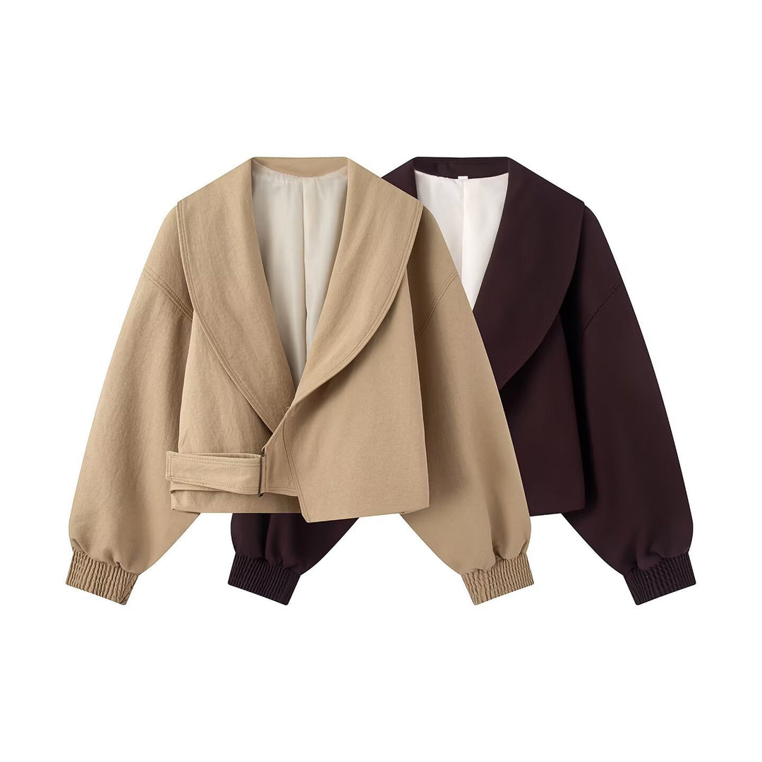 Damen Kurzjacke mit weitem Schalkragen, tailliertem Bindegürtel und Ballonärmeln Drune