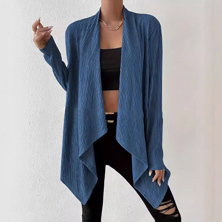 Damen Offener Crinkle-Cardigan mit Wasserfall-Saum und Longline-Silhouette Drune