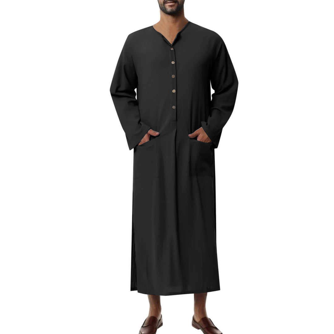 Herren nan weites langes Tunika-Kaftan aus atmungsaktivem Leinen mit Stehkragen Knopfblende und aufgesetzten Taschen Drune