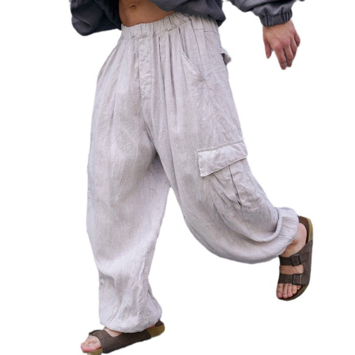 Herren Weite Leinen-Cargohose mit elastischem Bund, Falten und aufgesetzter Seitentasche Drune