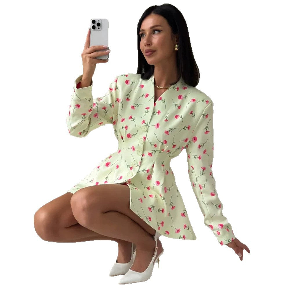 Damen Taillierter Blazer mit Schößchen, dekorativen Knöpfen und floralem Muster Drune