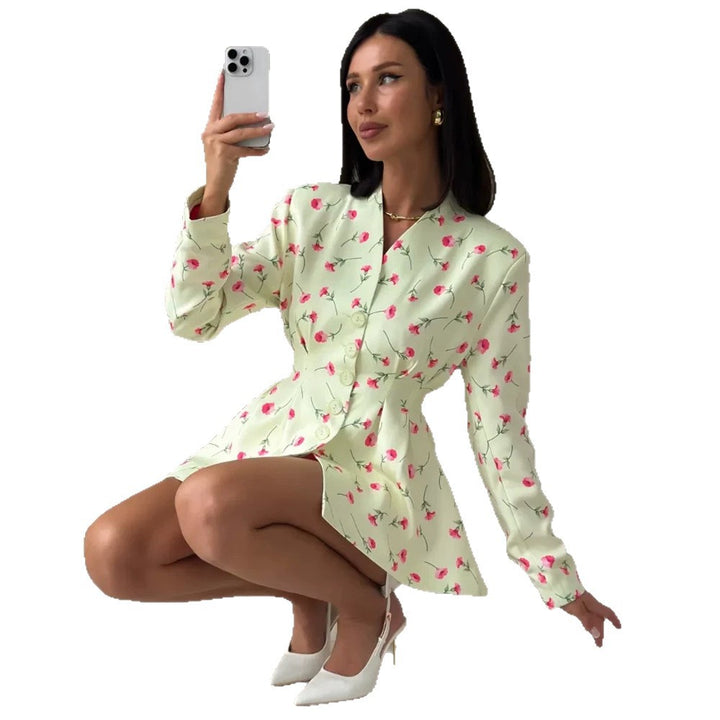 Damen Taillierter Blazer mit Schößchen, dekorativen Knöpfen und floralem Muster Drune