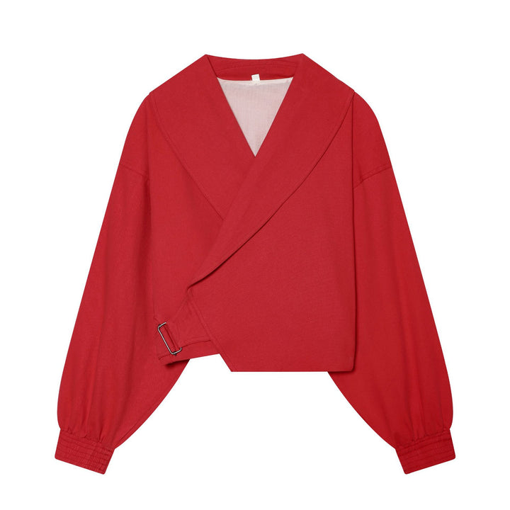 Damen nan kurze Wickeljacke mit großem Schalkragen, Taillengürtel und Ballonärmeln Drune