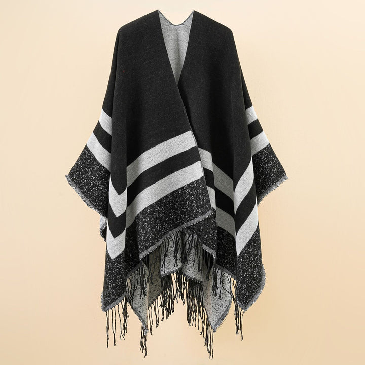 Damen Oversize-Ruana aus Wollmix mit kontrastierten Querstreifen und Fransensaum Drune