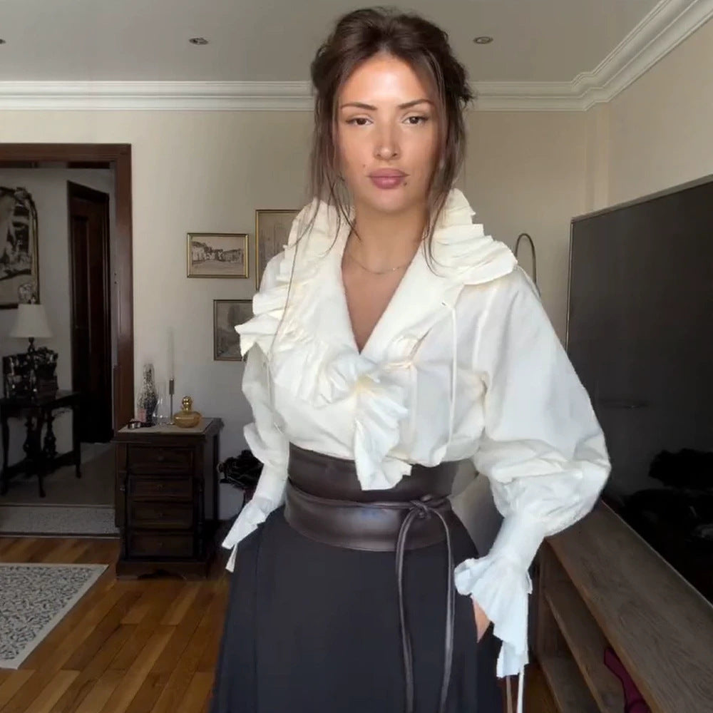 Damen Rüschenbluse mit voluminösem Volantkragen und Kordelzügen Drune