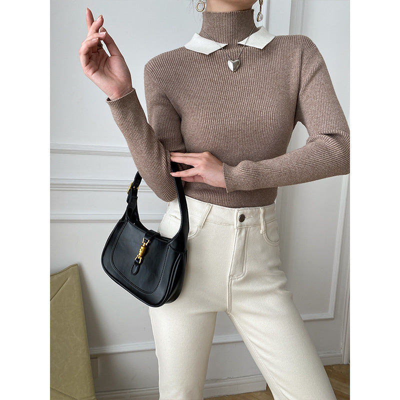 Damen Strickpullover mit Stehkragen und kontrastierendem Kragen Drune