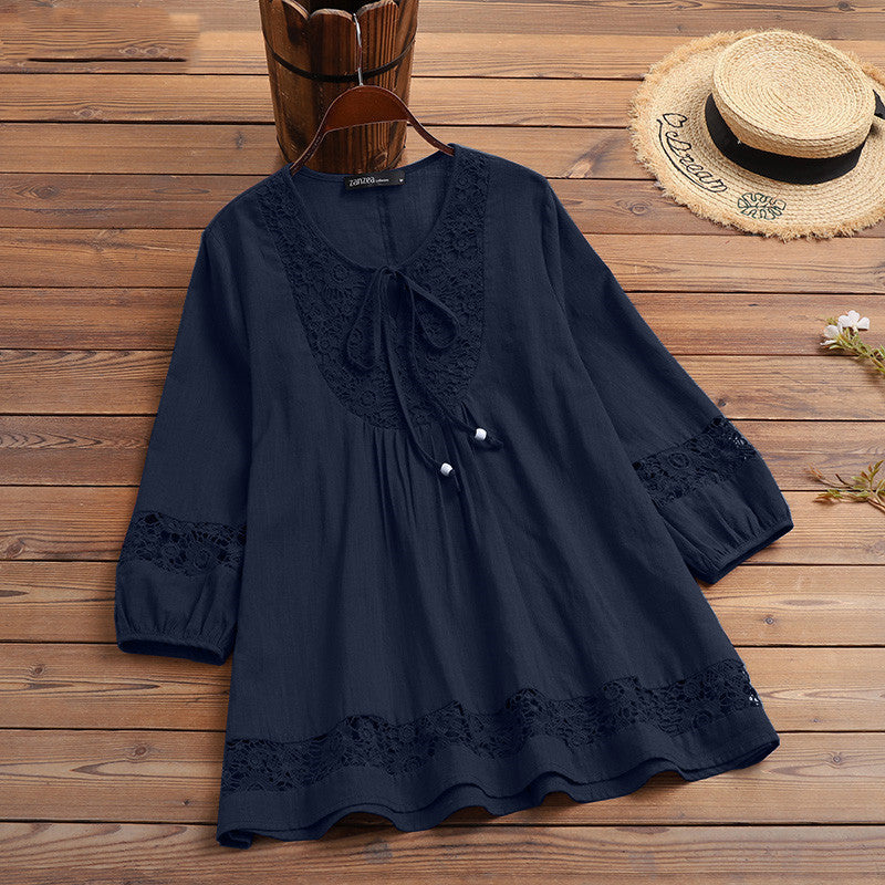 Damen Lässige Tunika-Bluse mit Häkelspitze, Bindekragen und dreiviertel Ärmeln Drune