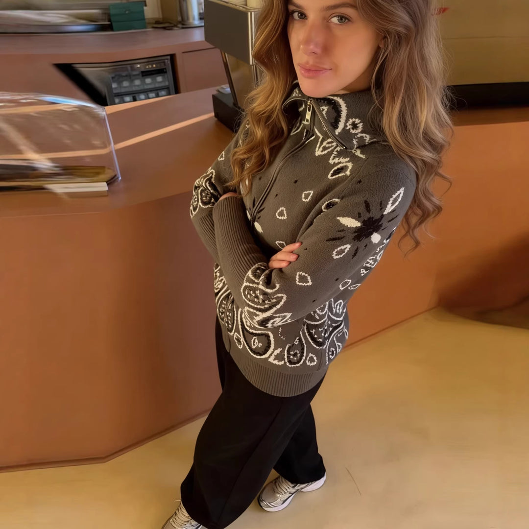 Damen 40+ gemusterte Strickjacke mit Reißverschluss und Stehkragen Drune