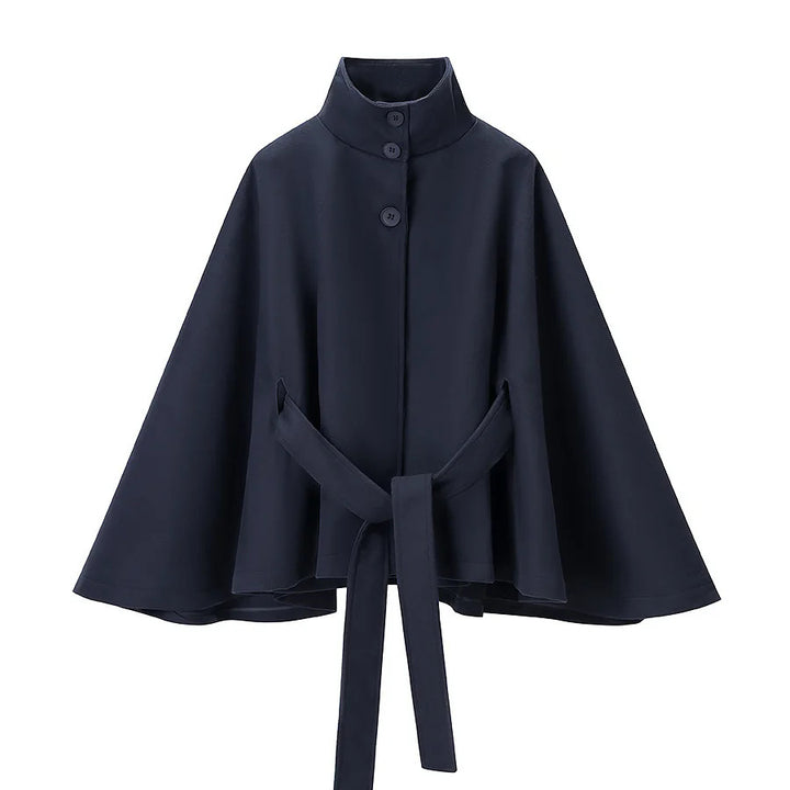 Damen nan tailliertes Cape mit Stehkragen, Knopfverschluss und Bindegürtel Drune