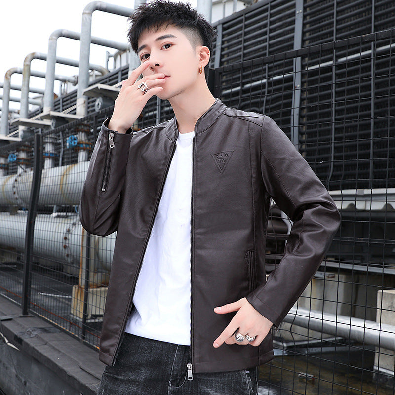 Herren Schlanker Kunstleder‑Moto‑Blouson mit Stehkragen und Reißverschlussärmeln Drune
